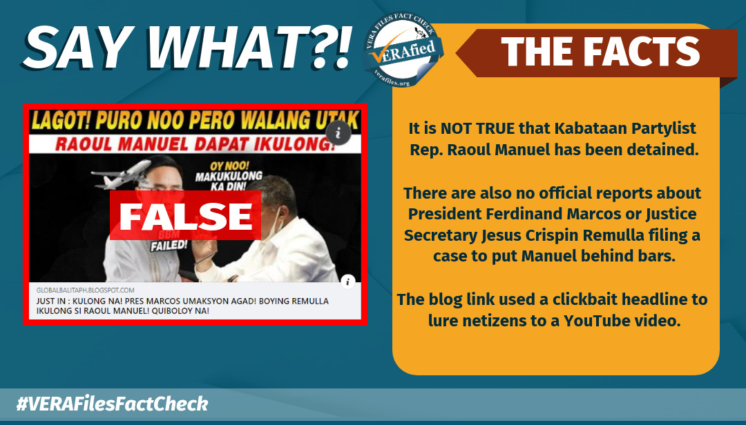 VERA FILES FACT CHECK: Kabataan Partylist Rep. Raoul Manuel NOT jailed