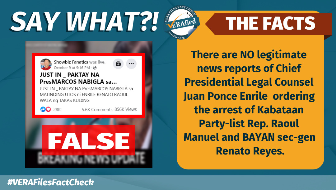 VERA FILES FACT CHECK: Enrile did NOT order arrest of Raoul Manuel, Renato Reyes