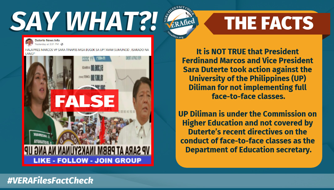 VERA FILES FACT CHECK: Video FALSELY claims Marcos-Duterte took action against UP Diliman for disobeying face-to-face classes order