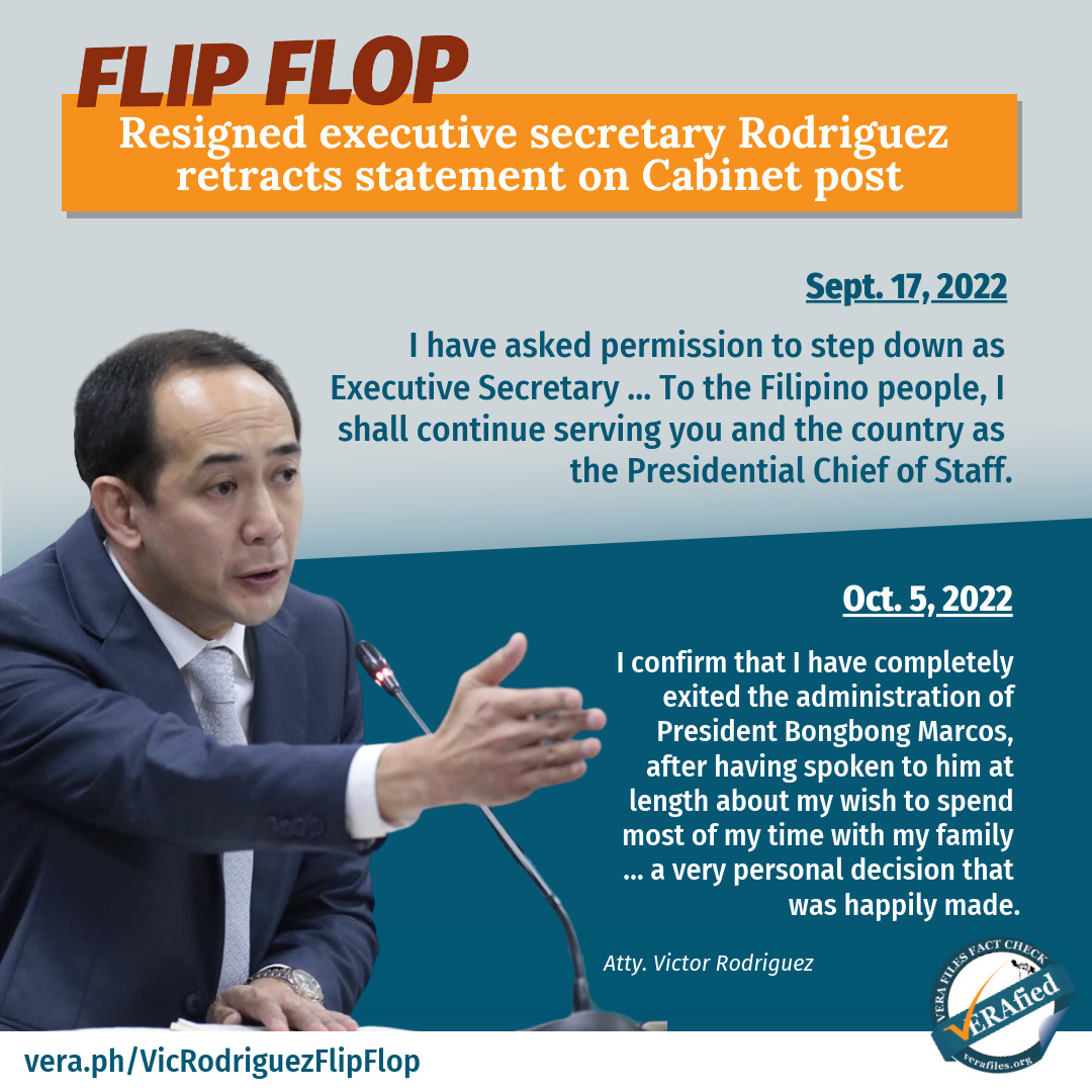 VERA FILES FACT CHECK: Resigned executive secretary Rodriguez retracts statement on Cabinet post