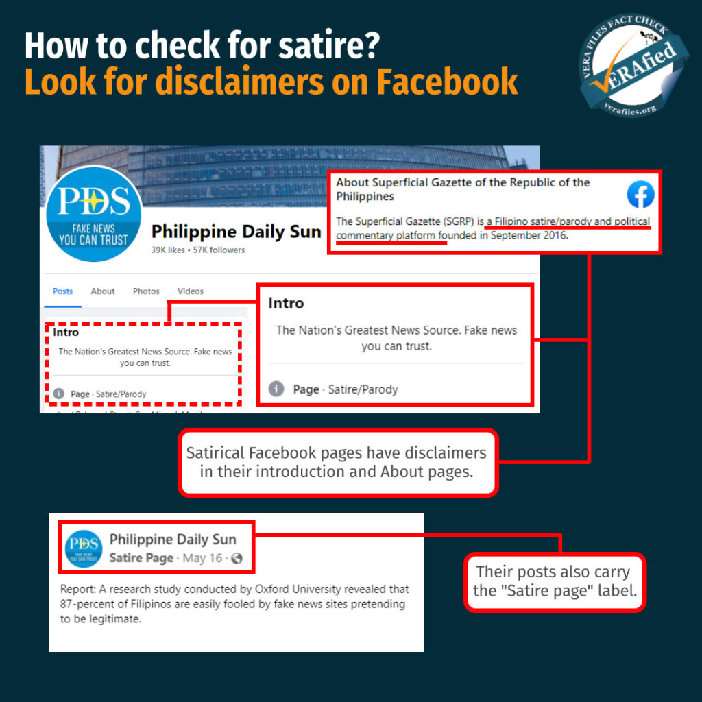 How to check for satire? Look for disclaimers on Facebook