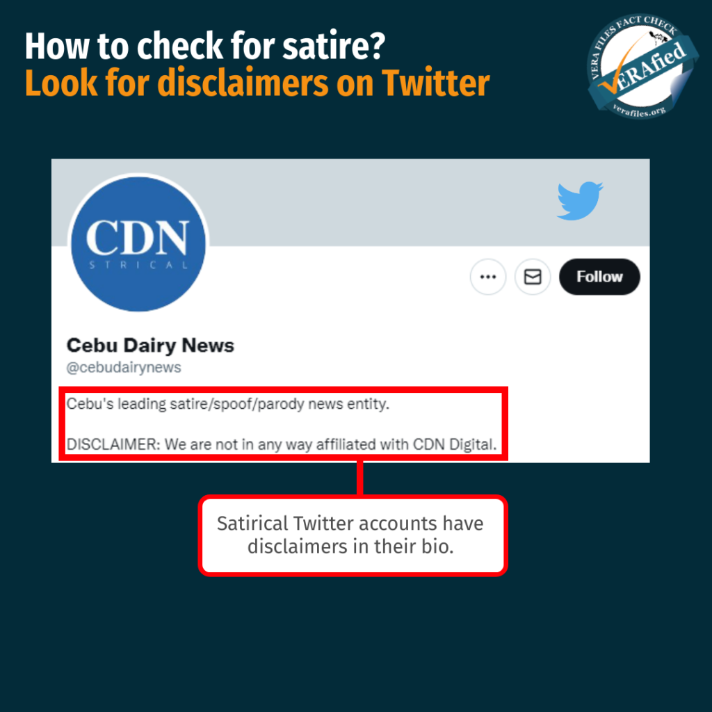 How to check for satire?: Look for disclaimers on Twitter