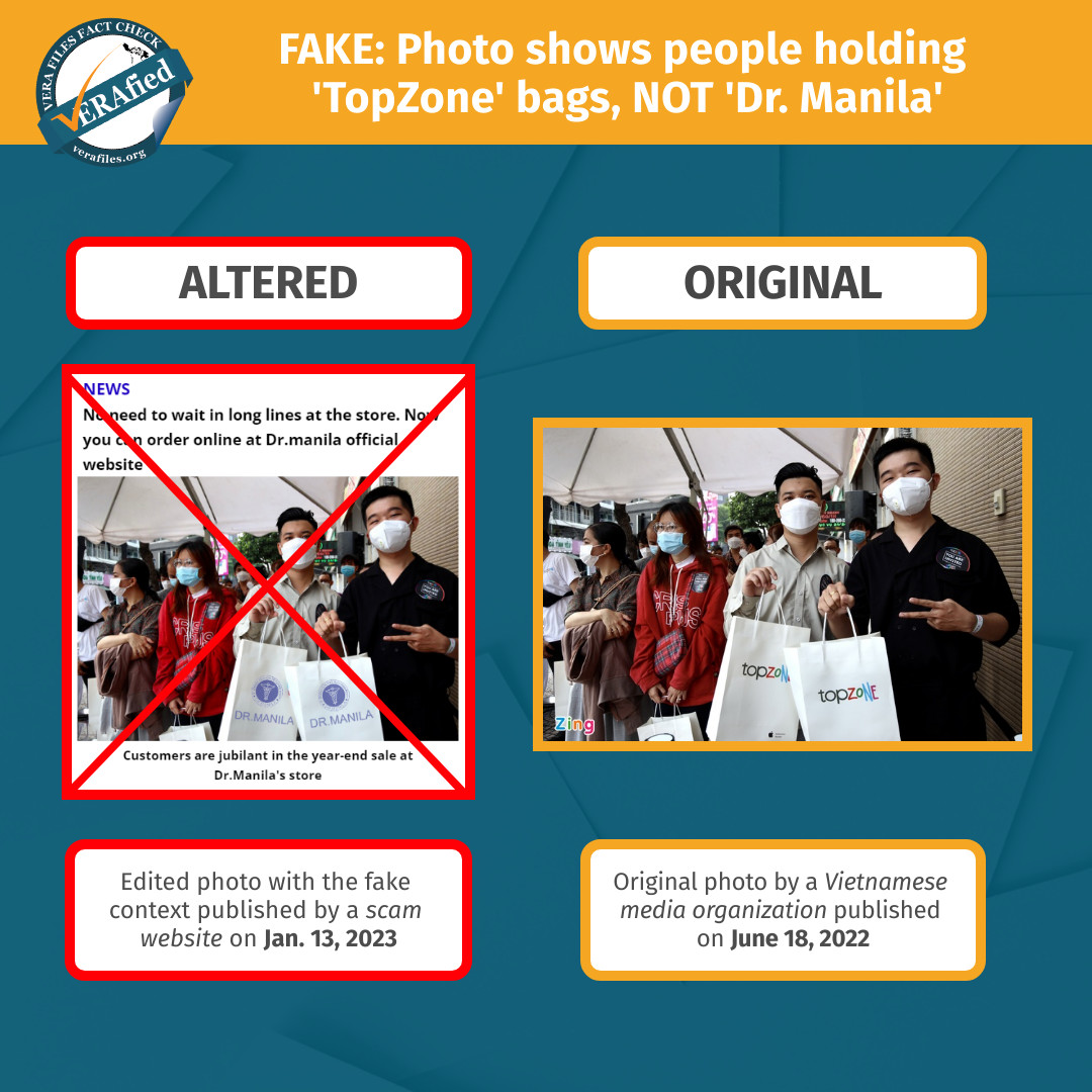 Infogram of FAKE: Photo shows people holding TopZone bags, Not Dr. Manila