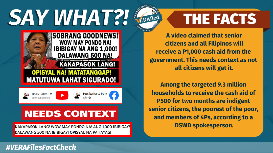 VERA FILES FACT CHECK: Video about P1,000 cash aid for senior citizens NEEDS CONTEXT