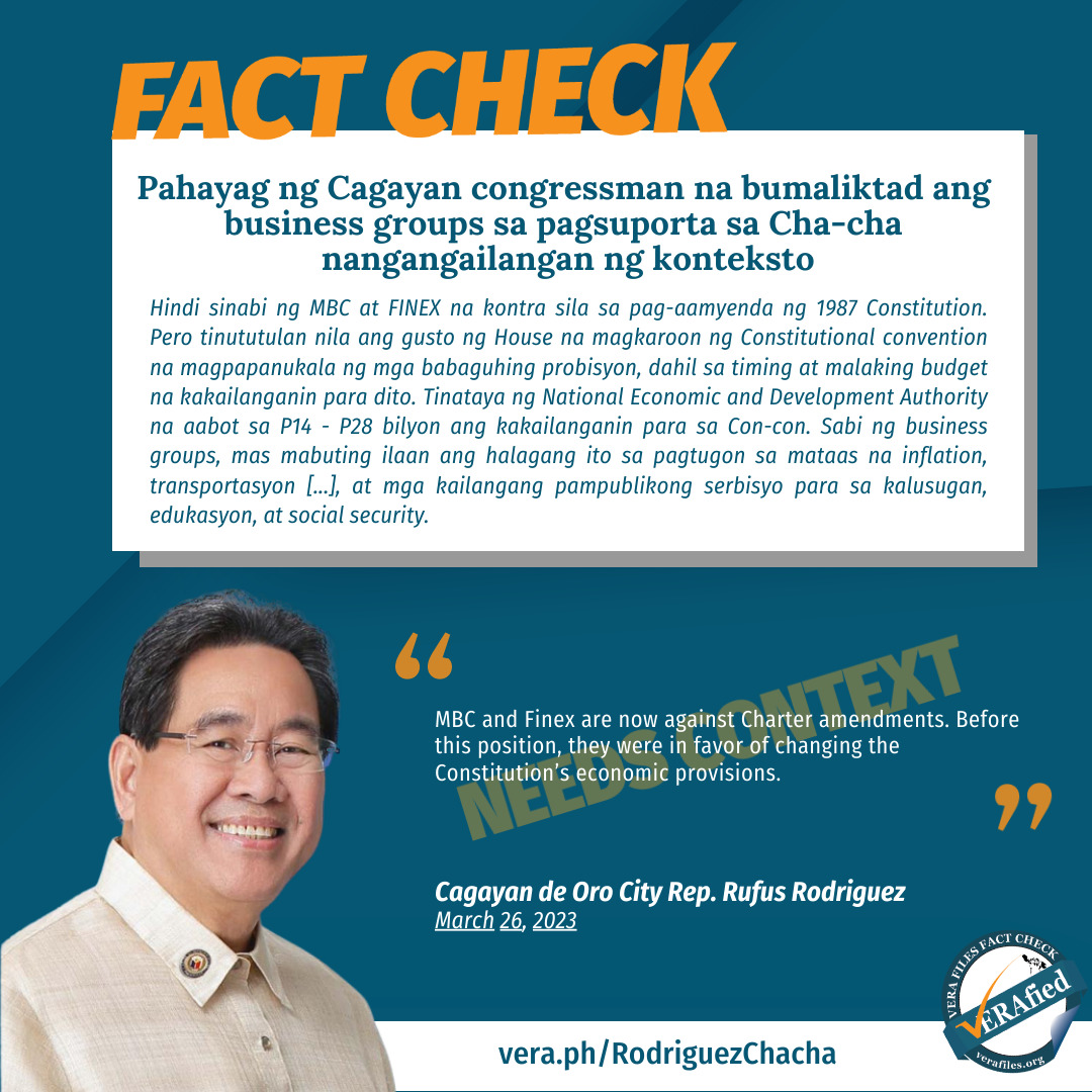 FACT CHECK: Pahayag ng Cagayan congressman na bumaligtad ang mga business group sa pagsuporta sa Cha-cha nangangailangan ng konteksto
