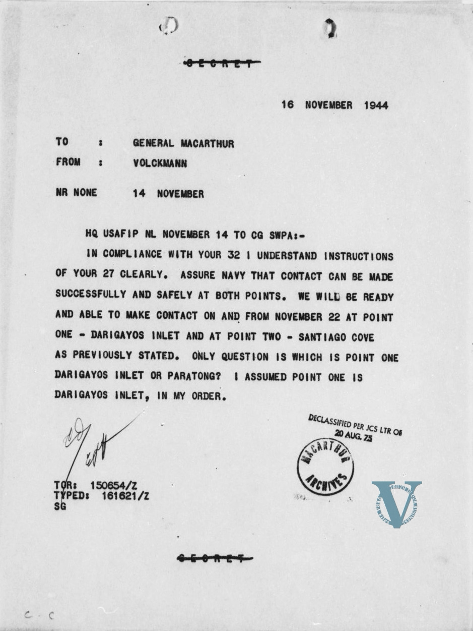 Figure 4. Communication between Volckmann and MacArthur on the possible landing sites for USS Gar, November 16, 1944. From the MacArthur Archives.