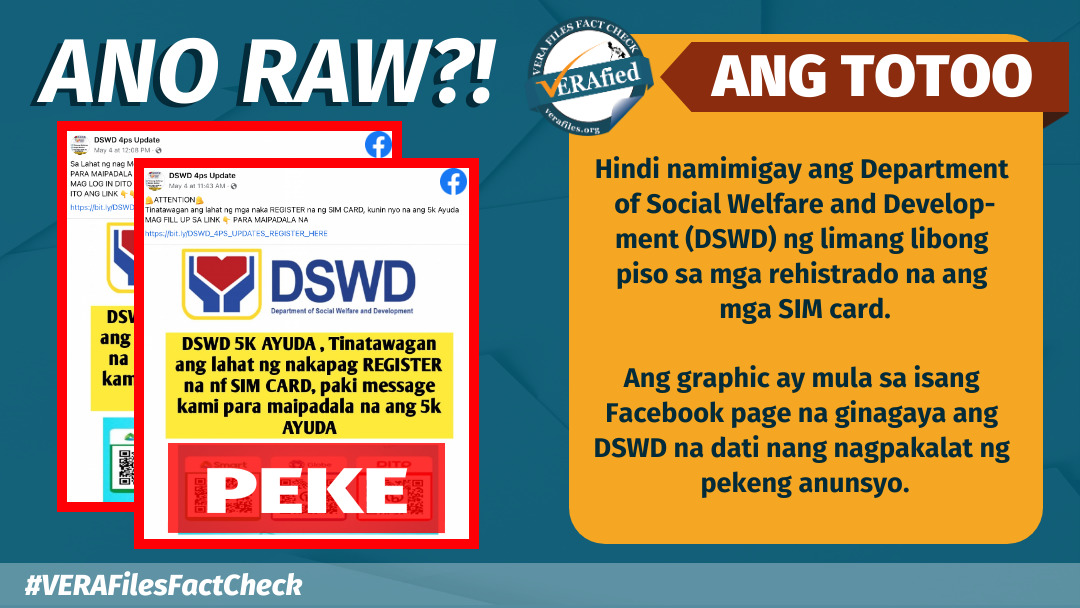 VERA FILES FACT CHECK: Impostor ng DSWD sa FB, nagpo-post tungkol sa PEKENG ayuda sa mga nag-register ng SIM