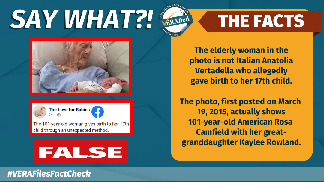 SAY WHAT: The elderly woman in the photo is not Italian Anatolia Vertadella who allegedly gave birth to her 17th child. The photo, first posted on March 19, 2015, actually shows 101-year-old American Rosa Camfield with her great-granddaughter Kaylee Rowland.