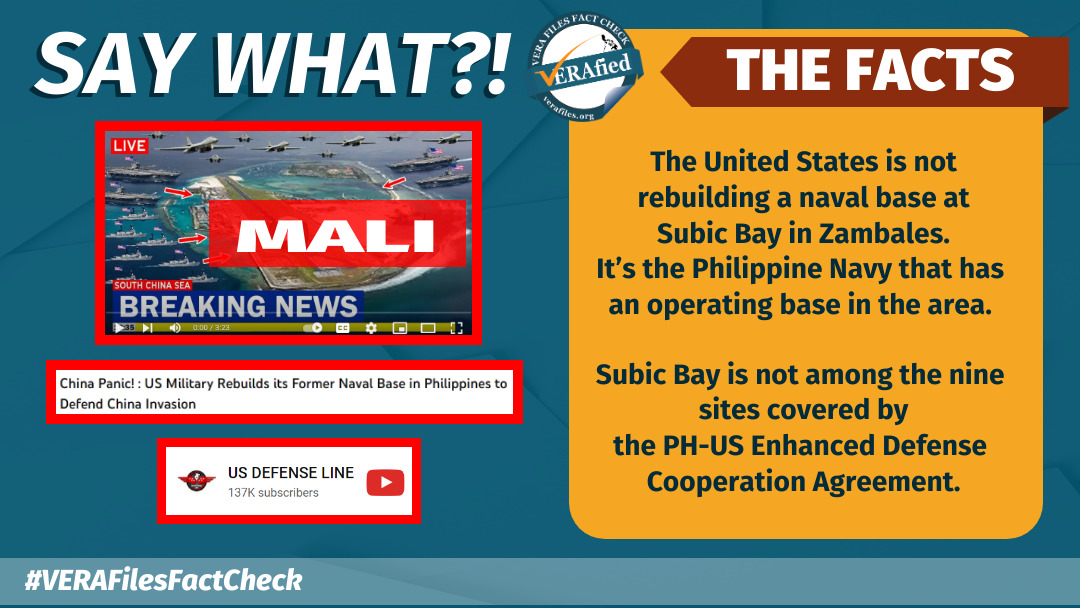 SAY WHAT: The United States is not rebuilding a naval base at Subic Bay in Zambales. It’s the Philippine Navy that has an operating base in the area. Subic Bay is not among the nine sites covered by the PH-US Enhanced Defense Cooperation Agreement.