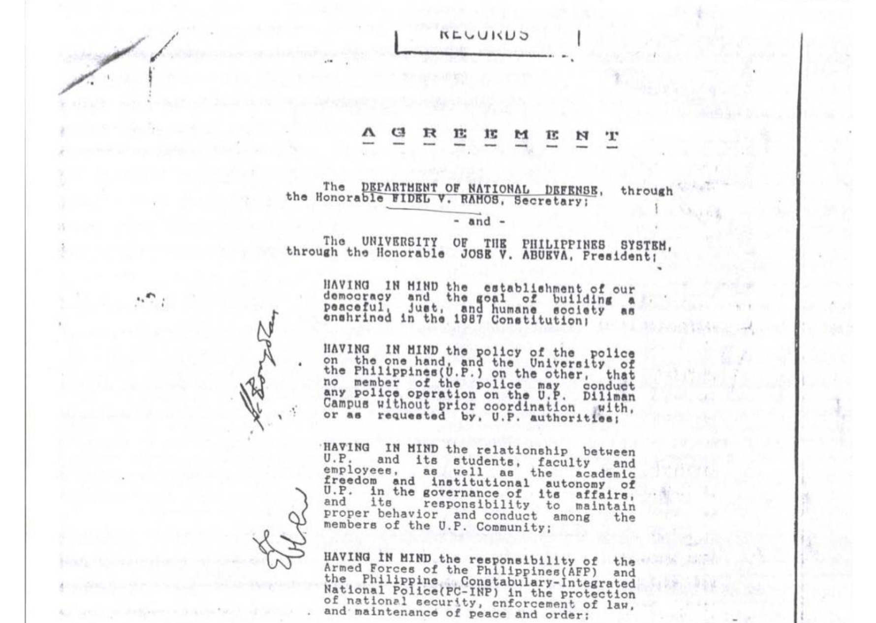 Screenshot ng unang pahina ng 1989 UP-DND Agreement, in-upload ng the Philippine Collegian nung taong 2015