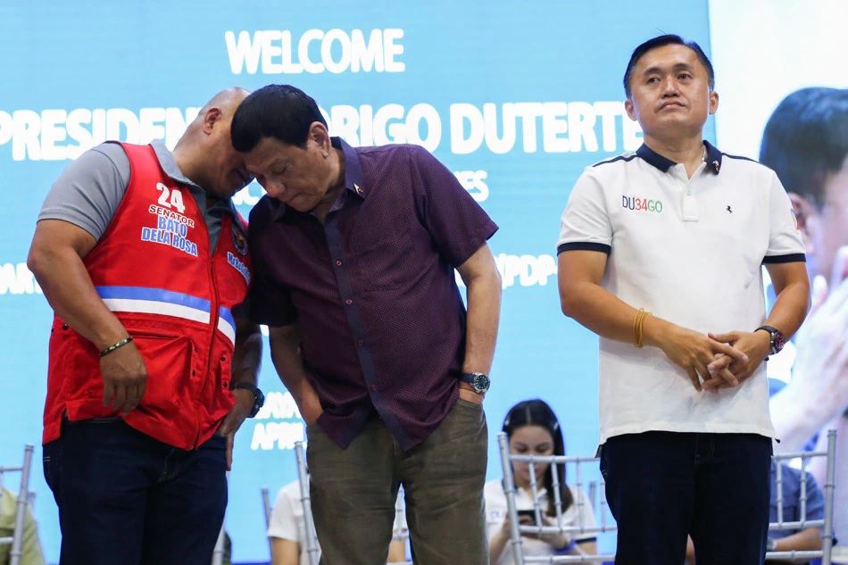 Former president Rodrigo Duterte in an April 2019 photo campaigning for Bato de la Rosa and Bong Go who were running for senators. Malacañang photo.