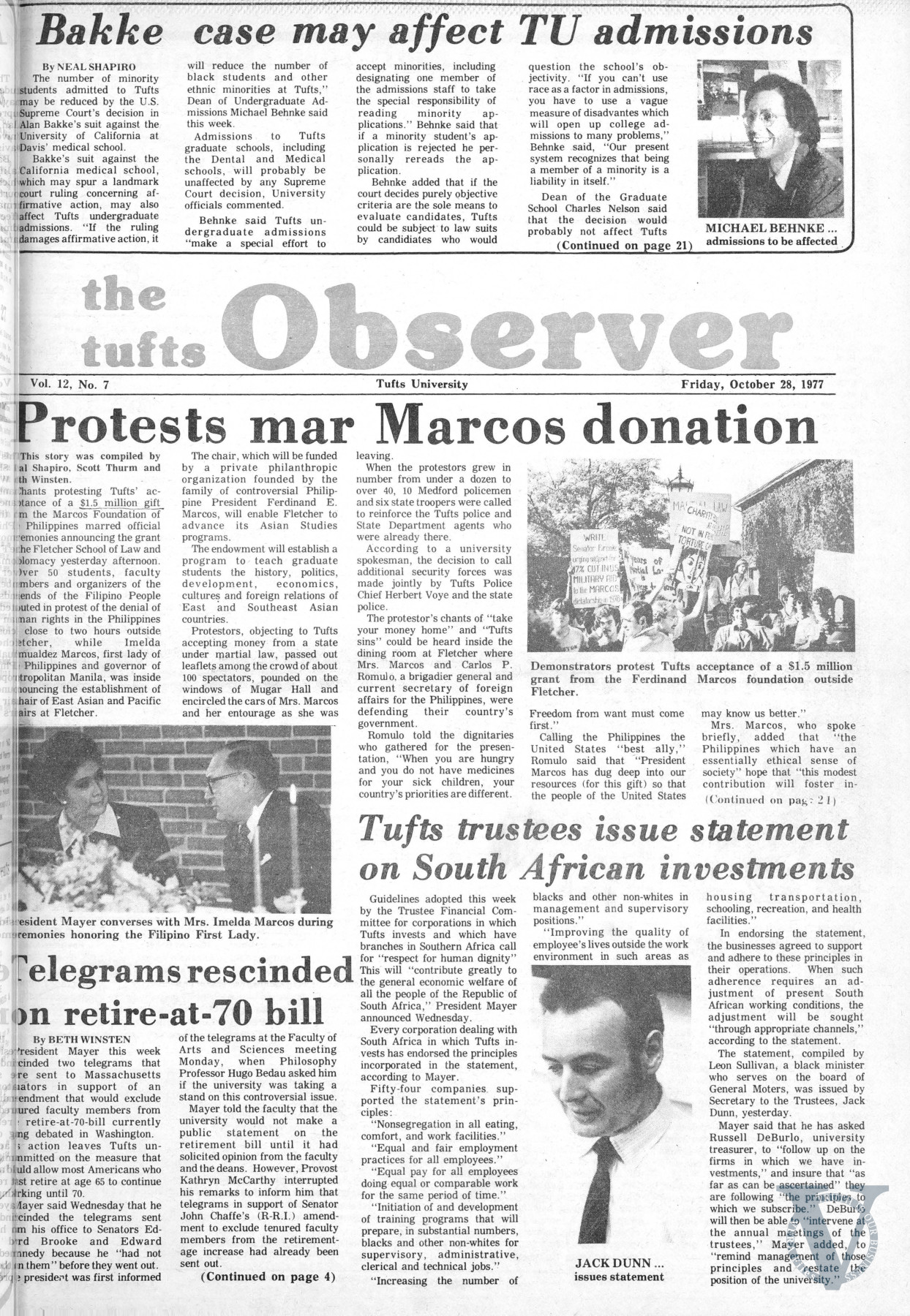 Figure 1. Front page of the Tufts Observer, October 28, 1977