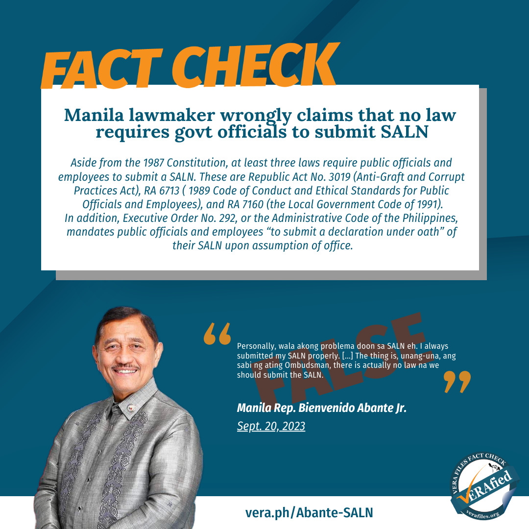 VERA FILES FACT CHECK: Manila lawmaker wrongly claims no law requires govt officials to submit SALN 