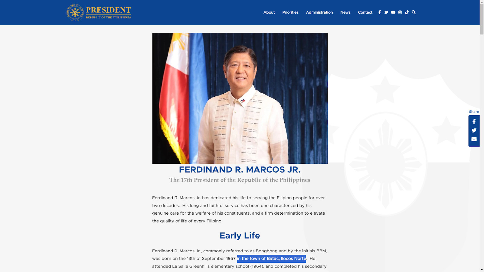 Screenshot of Bongbong biography with incorrect birthplace, from pbbm.com.ph