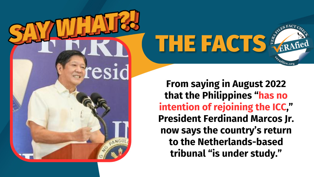 VERA Files Fact Check: From saying in August 2022 that the Philippines “has no intention of rejoining the ICC,” President Ferdinand Marcos Jr. now says the country’s return to the Netherlands-based tribunal “is under study.”