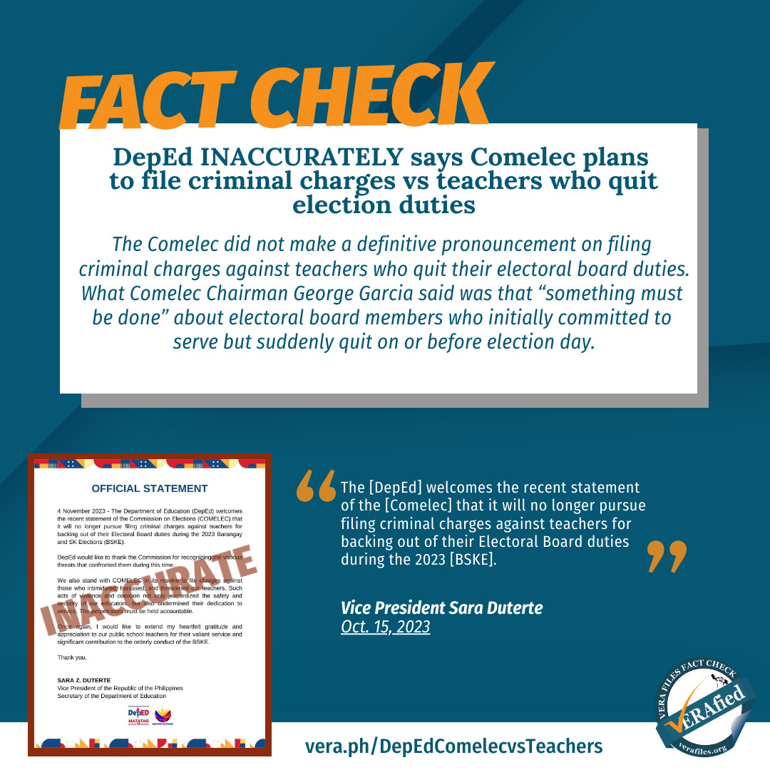 VERA FILES FACT CHECK: DepEd INACCURATELY says Comelec plans to file criminal charges vs teachers who quit election duties