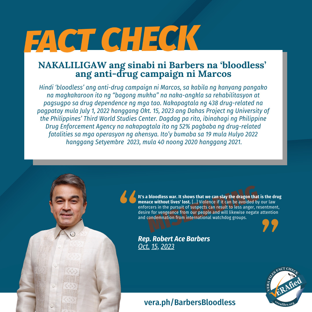 VERA FILES FACT CHECK: Pahayag ng mambabatas ng Surigao Del Norte na ‘hindi madugo' ang kampanya laban sa droga ni Marcos NAKAPANLILIGAW