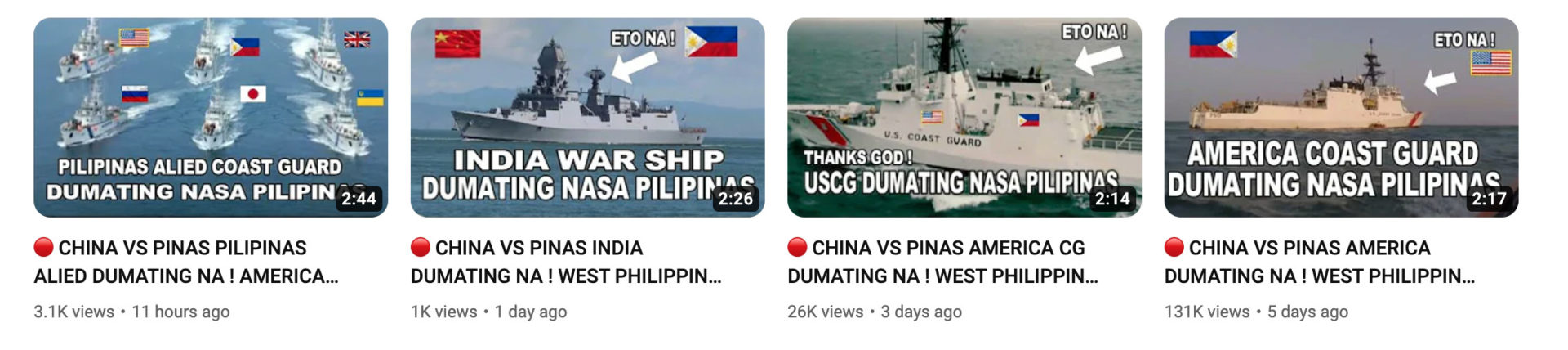 Videos uploaded from Dec. 10 to 15 by the YouTube channel Ella Vloggs claim that back-ups from the U.S., India, U.K., Russia, Ukraine, and Japan arrived to help the Philippines defend itself from China. Screenshot by Celine Samson.