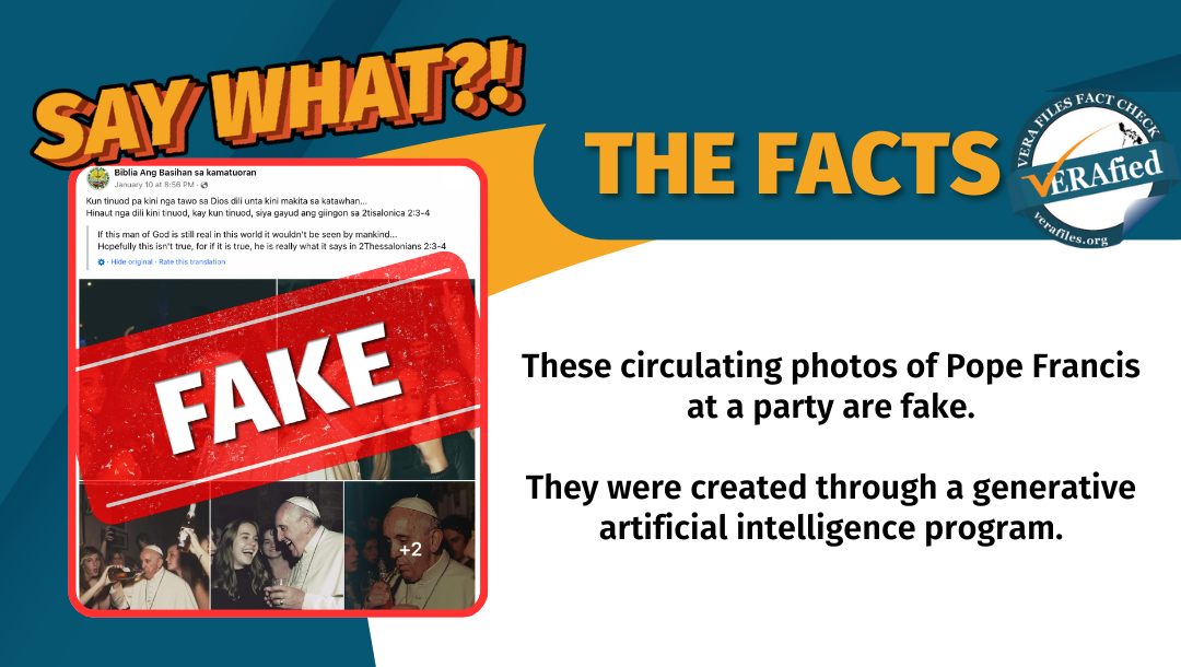 These circulating photos of Pope Francis at a party are fake. They were created through a generative artificial intelligence program. 