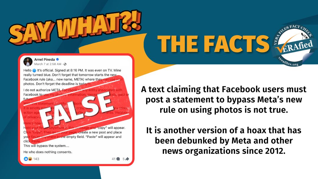VERA FILES FACT CHECK: Circulating text ‘preventing Meta from using photos’ is OLD HOAX 