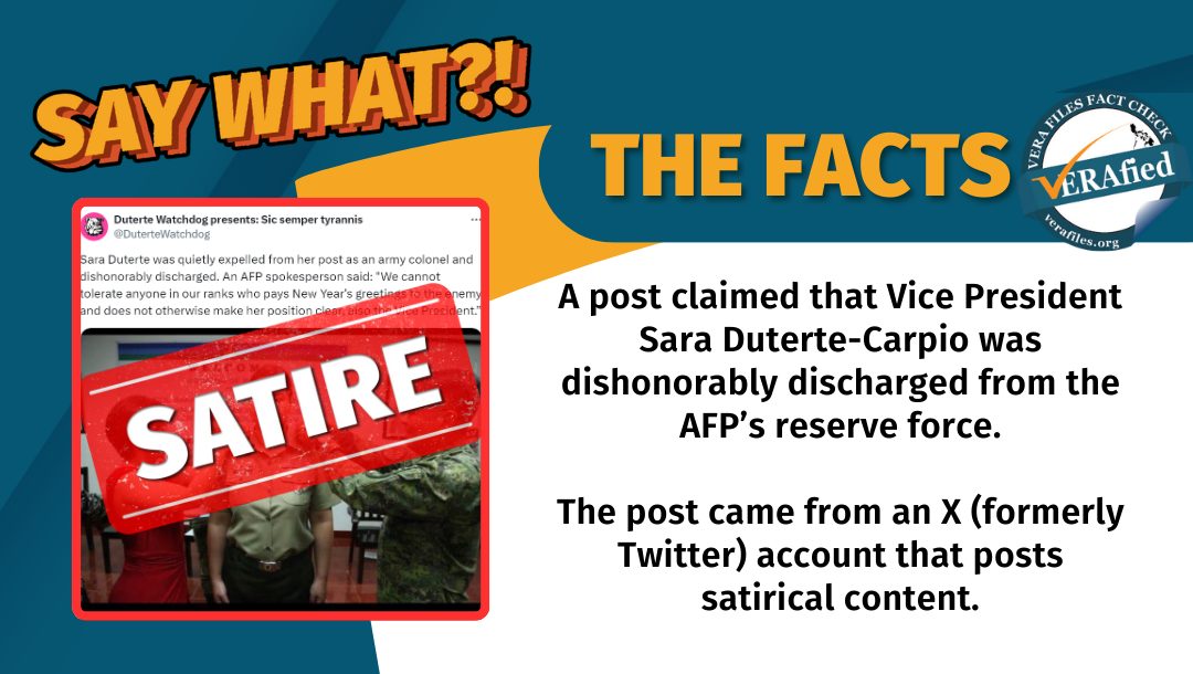 VERA FILES FACT CHECK: SATIRICAL post on Duterte-Carpio’s alleged discharge from AFP spreads on FB