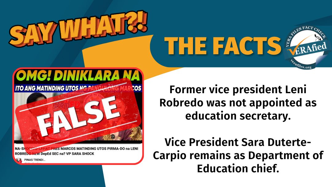 VERA FILES FACT CHECK: Robredo NOT appointed DepEd chief