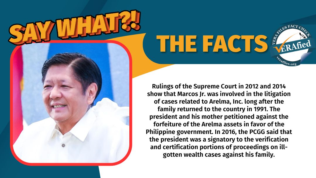 VERA FILES FACT CHECK: Marcos falsely claims he ‘has not touched’ Arelma ill-gotten wealth case since exile days
