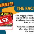 Sen. Jinggoy Estrada has not been expelled from the Senate. There are also no moves to remove him from his post. A senator can only be removed after a two-thirds vote by the Senate.