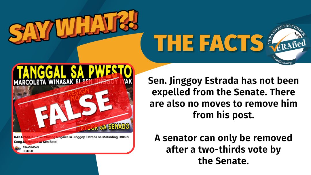 Sen. Jinggoy Estrada has not been expelled from the Senate. There are also no moves to remove him from his post. A senator can only be removed after a two-thirds vote by the Senate.