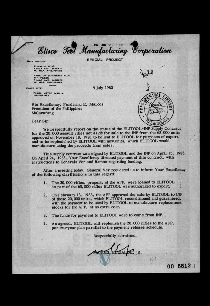 Letter from Manuel Elizalde to Ferdinand E. Marcos on the Elitool-INP supply contract for 20,000 rifles, from the PCGG files