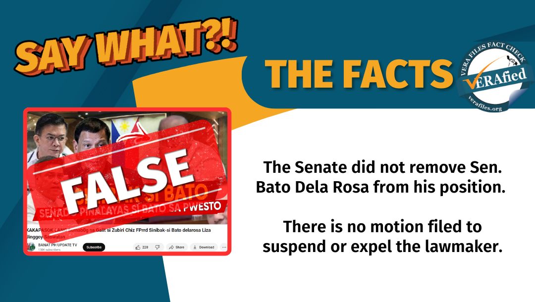VERA Files FACT CHECK - THE FACTS: The Senate did not remove Sen. Bato Dela Rosa from his position. There is no motion filed to suspend or expel the lawmaker.