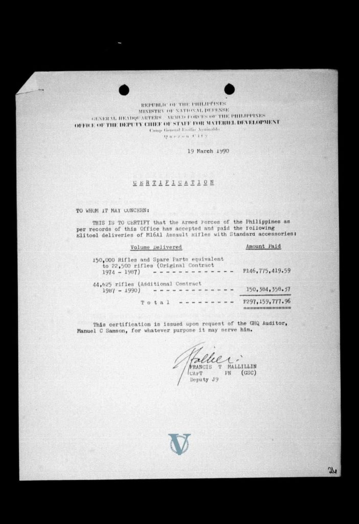 Certification from Capt. Francis Mallillin on the number of M16 deliveries and cost of the rifles, from the PCGG files