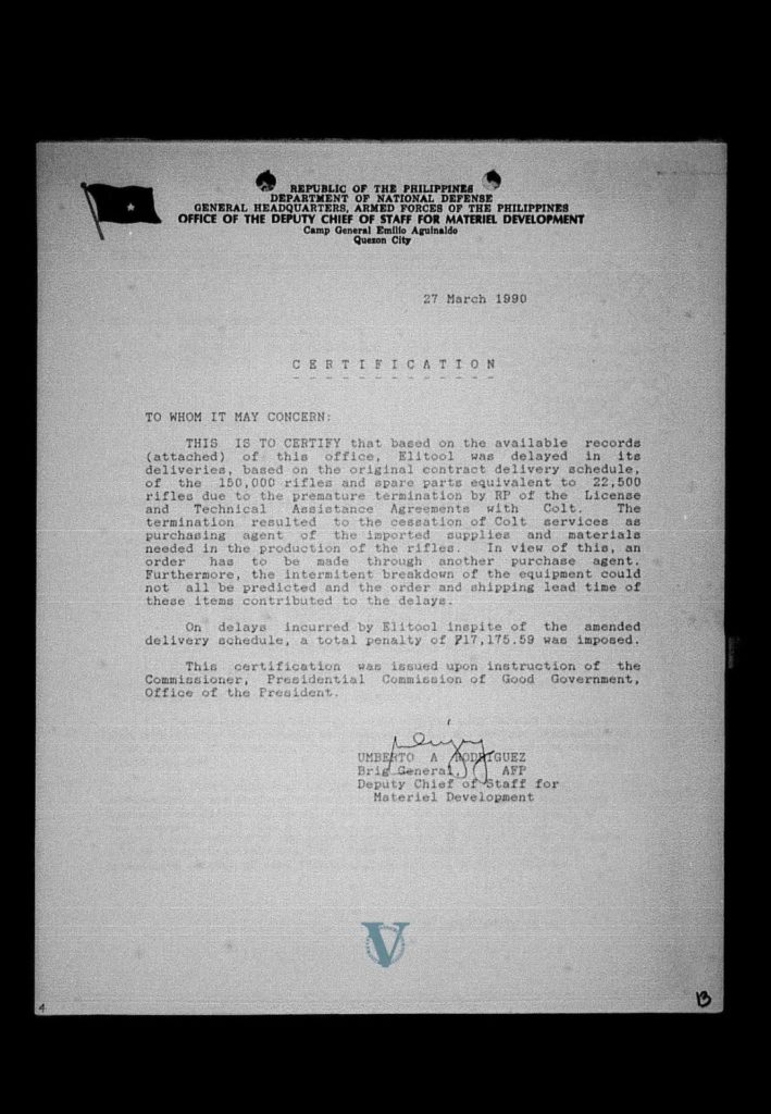 Certification from BGen. Umberto Rodriguez on the delay of Elitool’s M16 deliveries, from the PCGG files