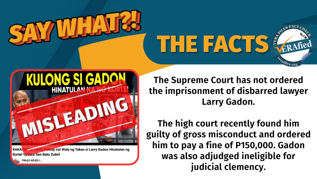 VERA FILES FACT CHECK - THE FACTS: The Supreme Court has not ordered the imprisonment of disbarred lawyer Larry Gadon. The high court recently found him guilty of gross misconduct and ordered him to pay a fine of P150,000. Gadon was also adjudged ineligible for judicial clemency.