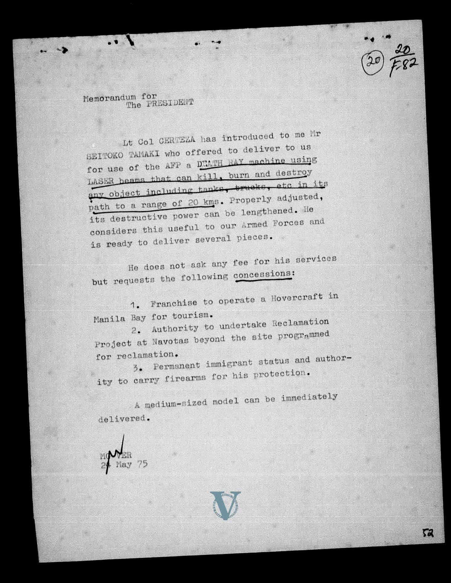 Fabian Ver’s memorandum to Ferdinand Marcos Sr. on a “Death Ray,” from the digitized PCGG files.