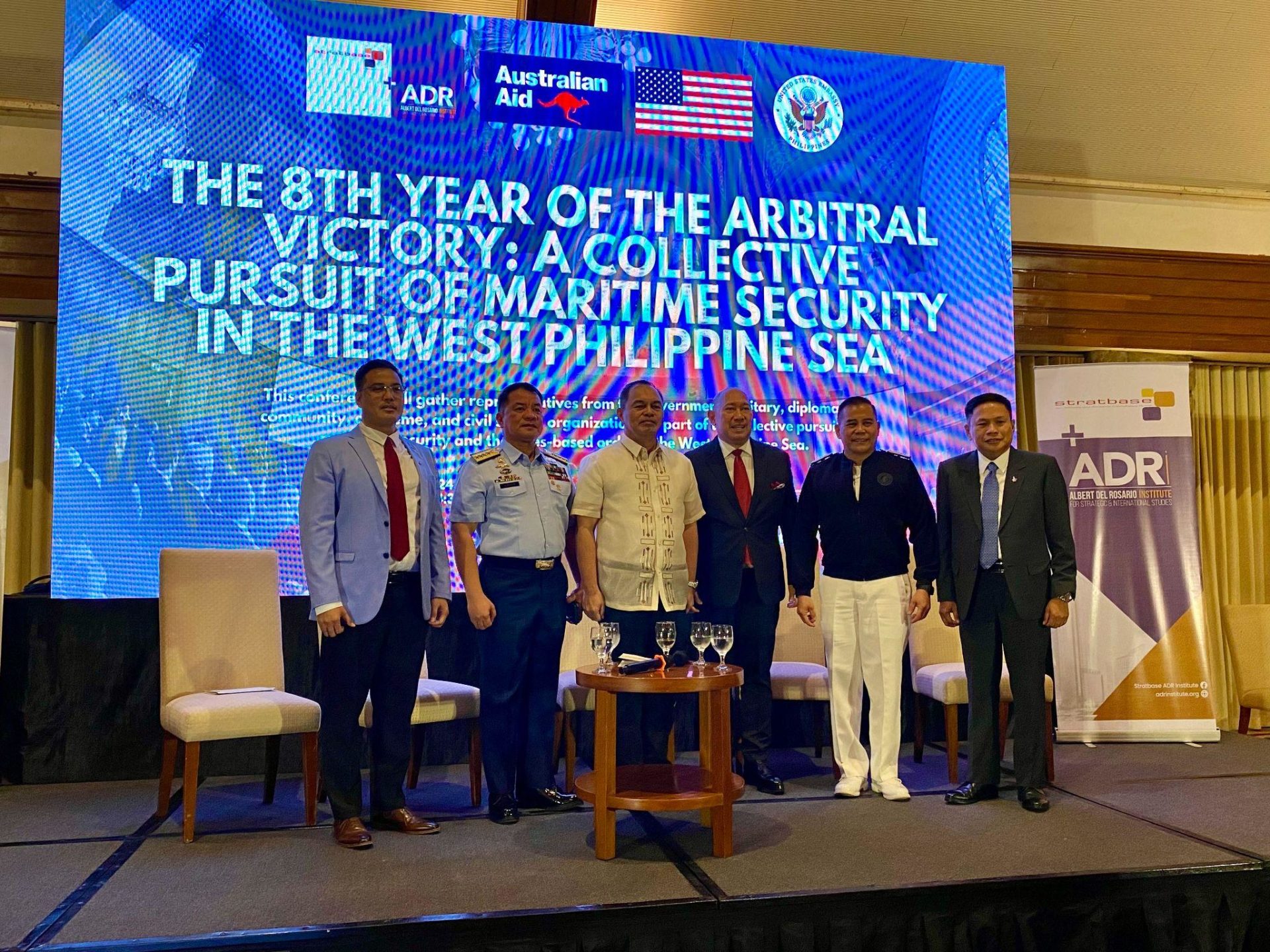 Military and coast guard personnel after the panel discussion. From left to right: Dr. Chester Cabalza (Panel moderator; International Development and Security Corporation), CG ADM Ronnie Gil Gavan (Philippine Coast Guard), Ret. Gen. Andres Centino (Presidential Office for Maritime Concerns, Prof. Dindo Manhit (Stratbase ADR Institute), RADM Roy Vincent Trinidad (Philippine Navy), MGen. Fabian Pedregosa (Philippine Air Force).