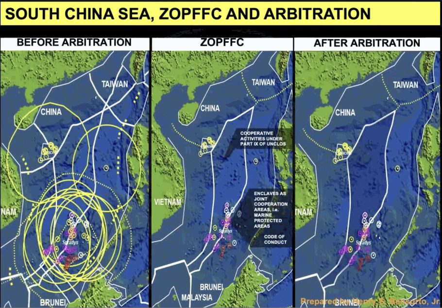 The infographic on the left shows the areas (represented by the yellow lines) contested by the Philippines and China in the South China Sea.