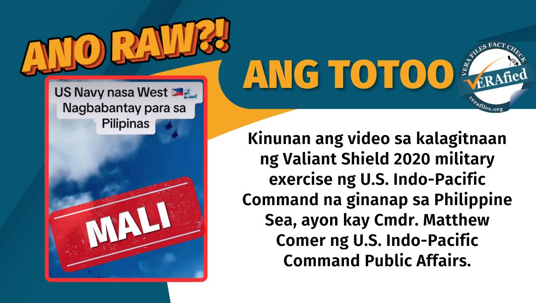 Ang mga barkong pandigma ng U.S. na nasa video ay hindi nag pa-patrolya sa West Philippine Sea kundi lumahok sa Valiant Shield 2020 military exercise ng U.S. Indo-Pacific Command, ayon kay Cmdr. Matthew Comer ng U.S. Indo-Pacific Command Public Affairs.