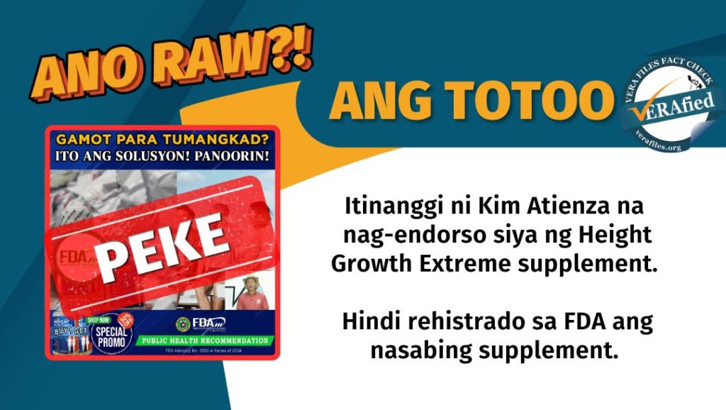 Itinanggi ni Kim Atienza na nag-endorso siya ng Height Growth Extreme supplement. Hindi rehistrado sa FDA ang nasabing supplement.