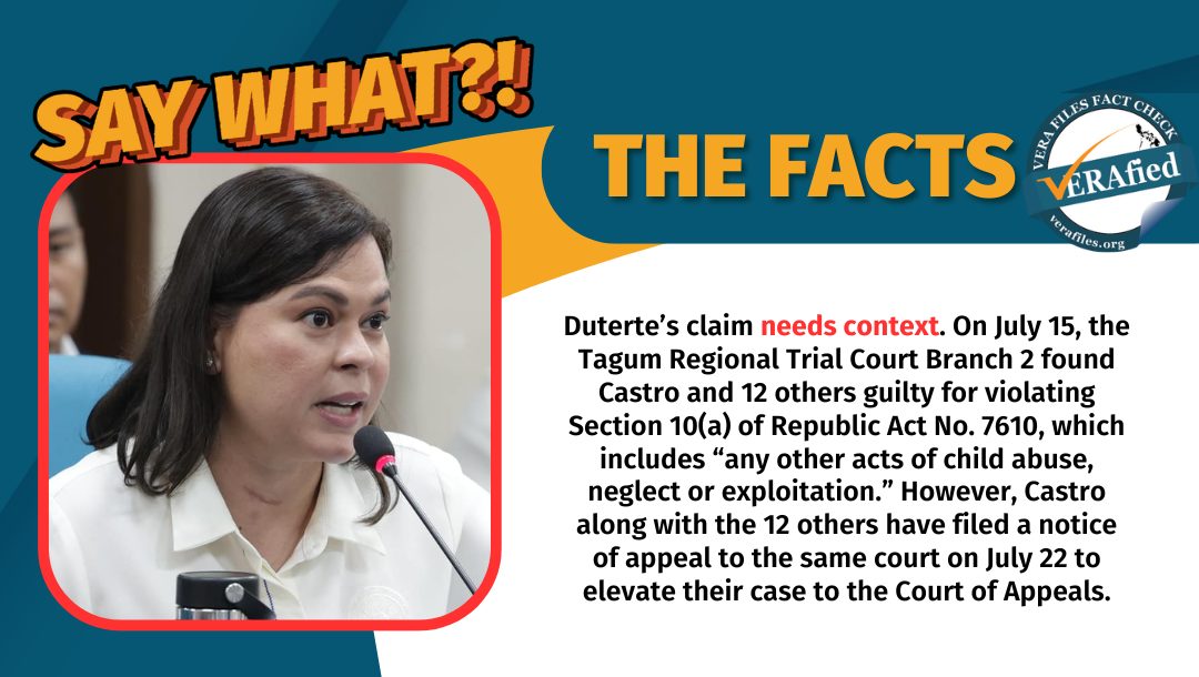 Graphic illustrating a fact-check on Vice President Sara Duterte's claim that a House lawmaker was convicted of child abuse. This needs context