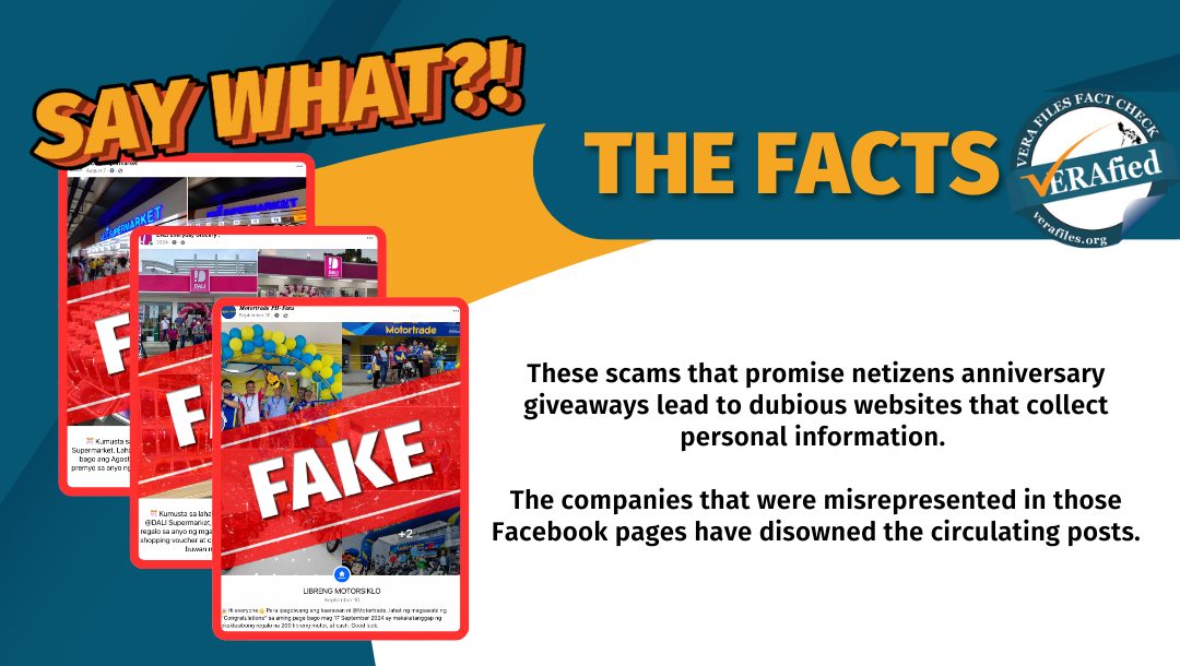 These scams that promise netizens anniversary giveaways lead to dubious websites that collect personal information. The companies that were misrepresented in those Facebook pages have disowned the circulating posts.