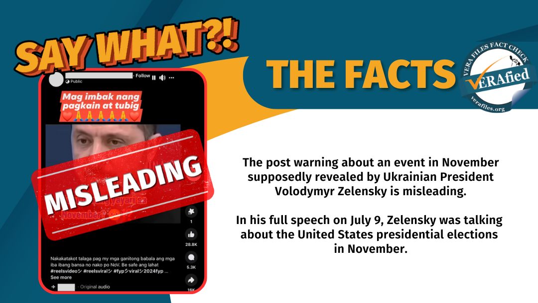 The post warning about an event in November supposedly revealed by Ukrainian President Volodymyr Zelensky is misleading. In his full speech on July 9, Zelensky was talking about the United States presidential elections in November.