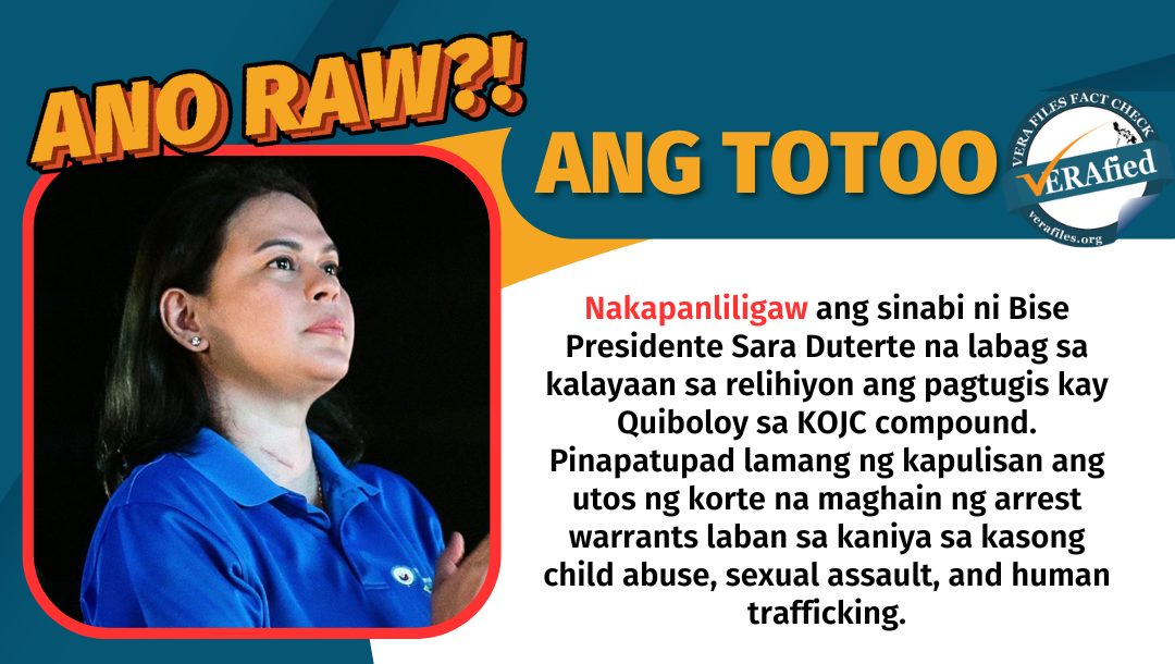 FACT CHECK: Pahayag ni VP Duterte na tungkol sa kalayaan sa relihiyon ang pagtugis kay Quiboloy nakapanliligaw