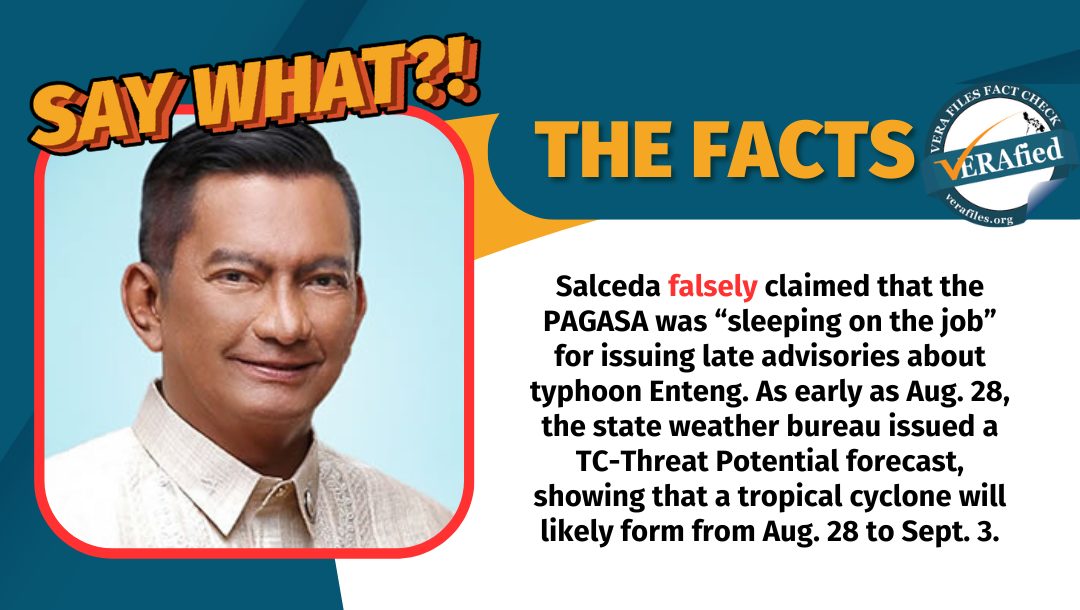 Graphic illustrating Rep. Joey Salceda's false claim that PAGASA was sleeping on the job for issuing late advisories about typhoon Enteng.