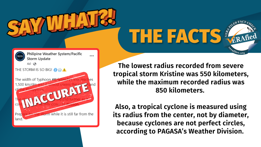 The lowest radius recorded from severe tropical storm Kristine was 550 kilometers, while the maximum recorded radius was 850 kilometers. Also, a tropical cyclone is measured using its radius from the center, not by diameter, because cyclones are not perfect circles, according to PAGASA’s Weather Division.