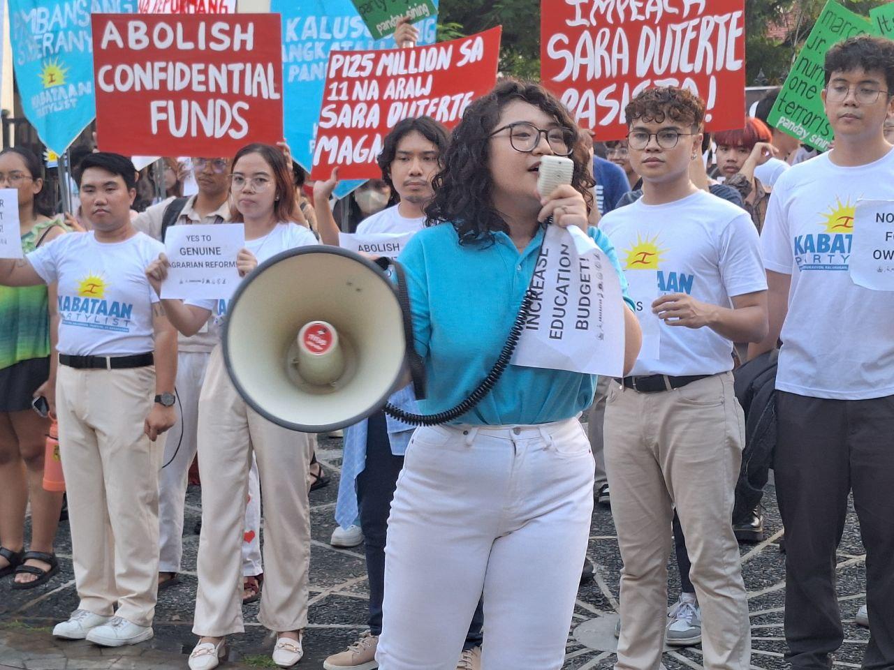 Renee Co calling for an increase in the education budget during an assembly in front of the Philippine General Hospital following the Kabataan national convention on Sept. 26. Photo by Sabrina Joyce Go