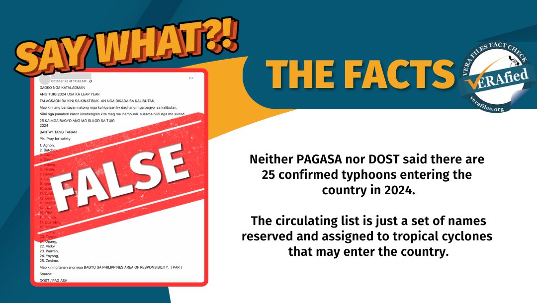 Neither PAGASA nor DOST said there are 25 confirmed typhoons entering the country in 2024. The circulating list is just a set of names reserved and assigned to tropical cyclones that may enter the country.