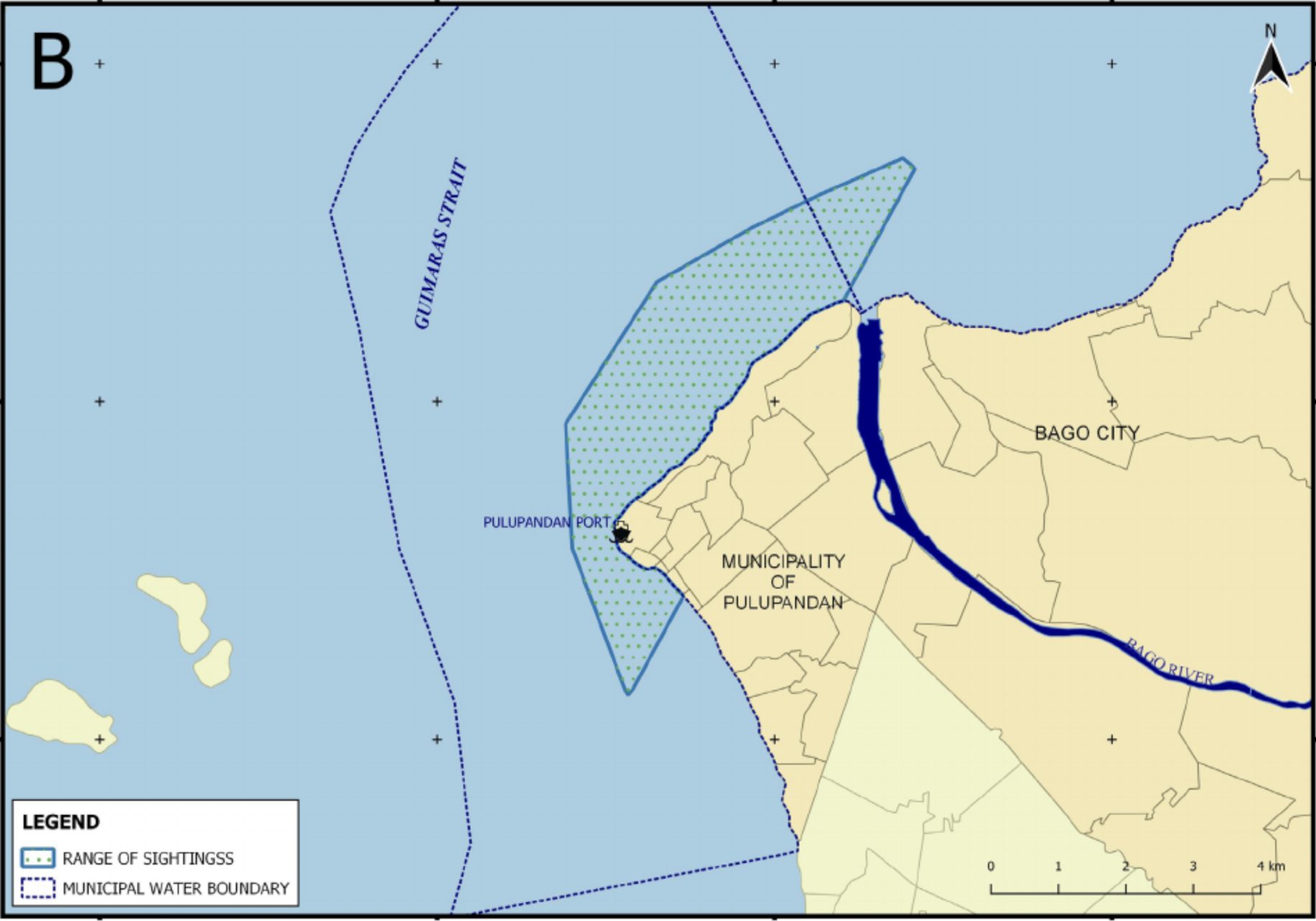 Map depicting a trapezoidal area, which is the core habitat of the Irrawaddy dolphins, along the Bago-Pulupandan estuary. Photo from Manuel dela Paz, et al’s 2020 study