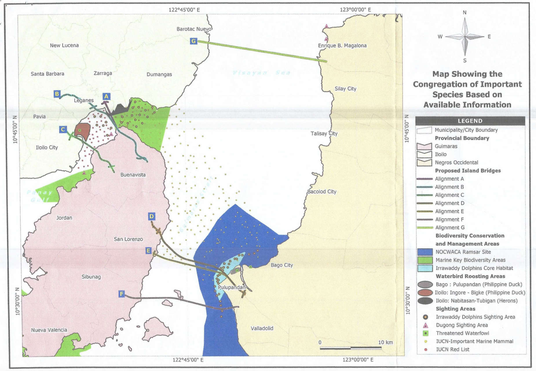 Map showing the proposed alignments for the PGN bridge, including an alignment “G” which is far from the Irrawaddy core habitat and the NOCWCA. Photo from the DENR-BMB