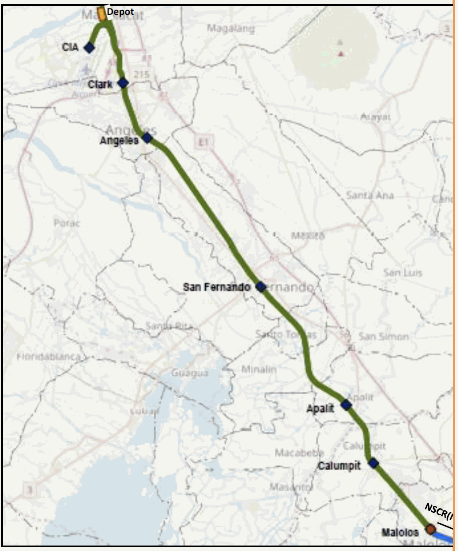 The image shows the MCRP's alignment from Malolos City, Bulacan to Clark International Airport in Pampanga. It has seven markers that point to the seven stations of the railway project. Source: GCR Inception Report